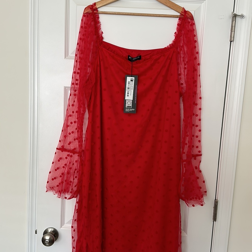 REBDOLLS “Soft Spot” Polka Dot Sheer Sleeve Mini Dress - Red 2x